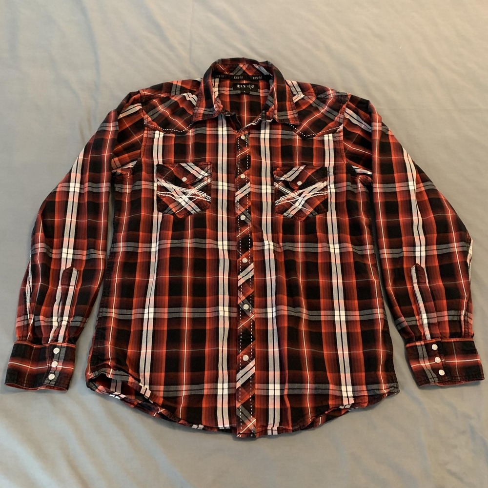ELY 1878 Shirt Mens Large Red Plaid Western Pearl Snap‎ Long Sleeve Casual